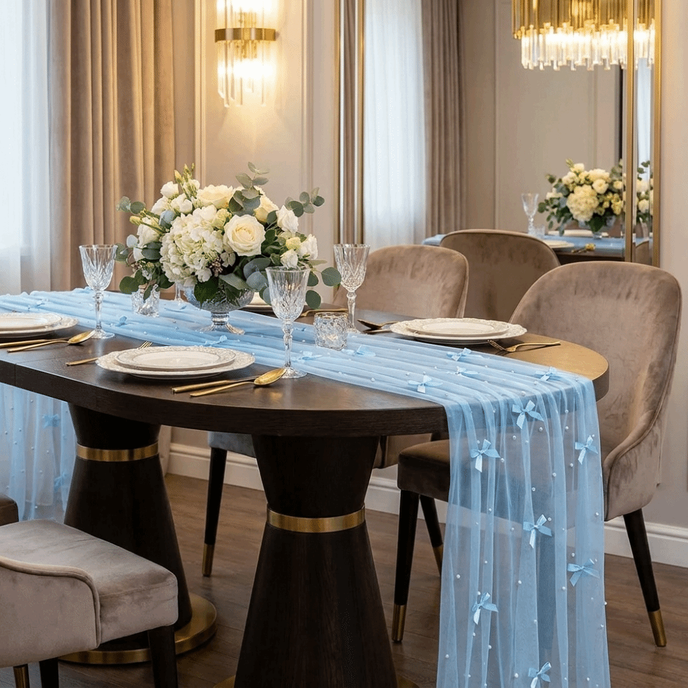 Romantic Bow Pearl Chiffon Run - Christmas Table Runner recension och pris